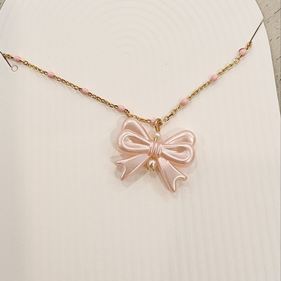 Gold Chain with Texture Circle Pink Bow Mini Pendant Necklace - Picture 2 of 2